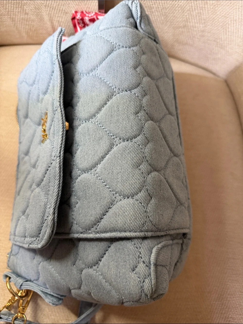 Betsey Johnson Quilted Heart Jeans Shoulder Bag in Light Blue with Bandana Charm
